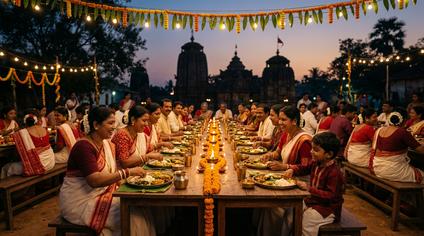 Odia families gathered at twilight around a long table with brass plates and lamps
