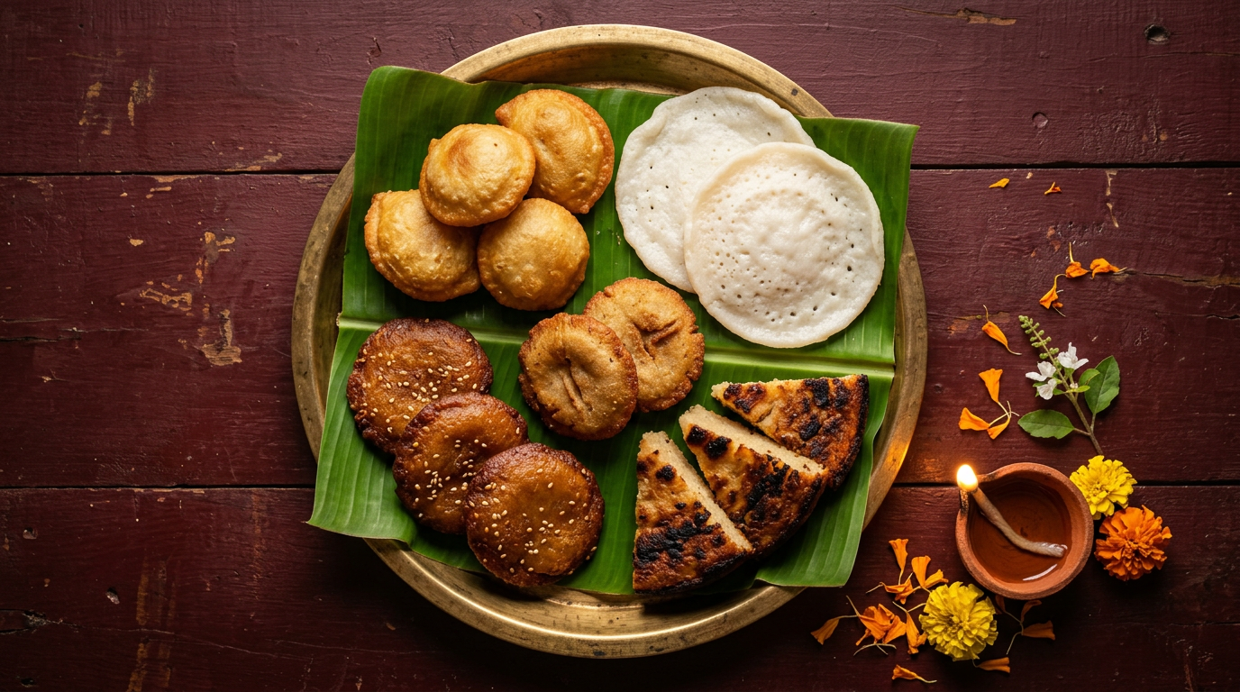 A brass thali of traditional pithas